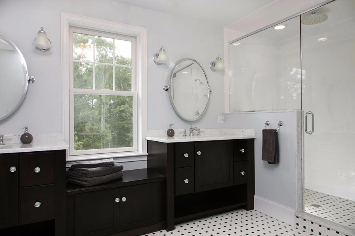 black and white interior bathroom design and renovation in hingham ma